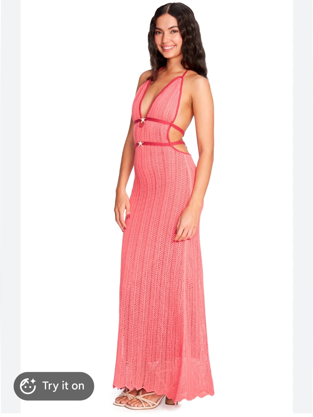 Sleeveless Crochet Maxi Dress in Coral Pink